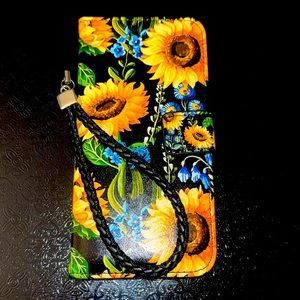 iPhone 13 Cell Phone Sunflowers Wallet Case With Wrist Strap and Kickstand NWT